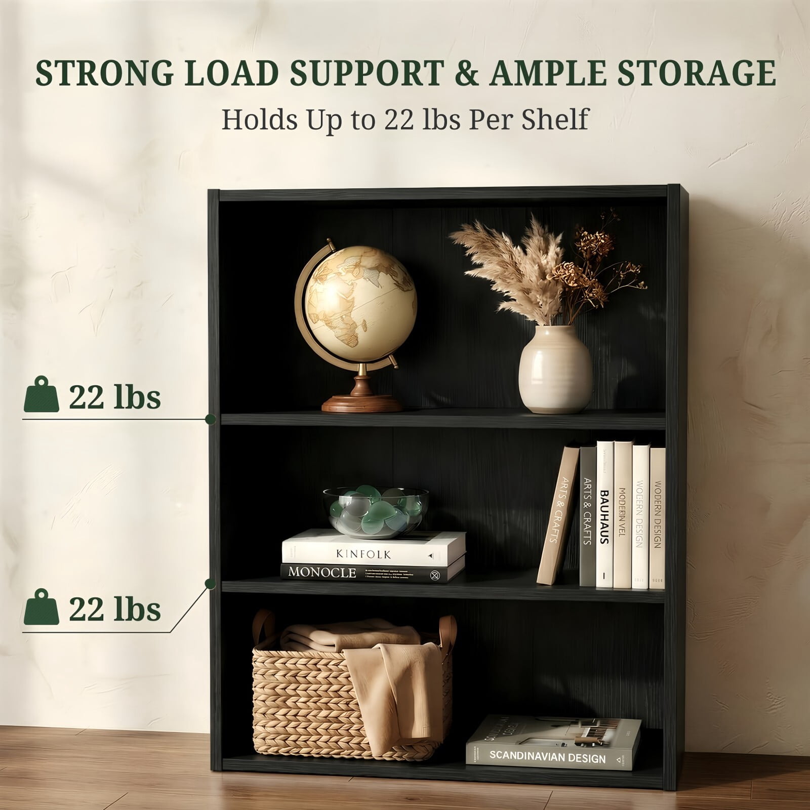 Kelno 3 Tier Vintage Bookshelf 31.5" Freestanding Wood Bookcase with Adjustable Shelf Anti-Tip Kit, Black