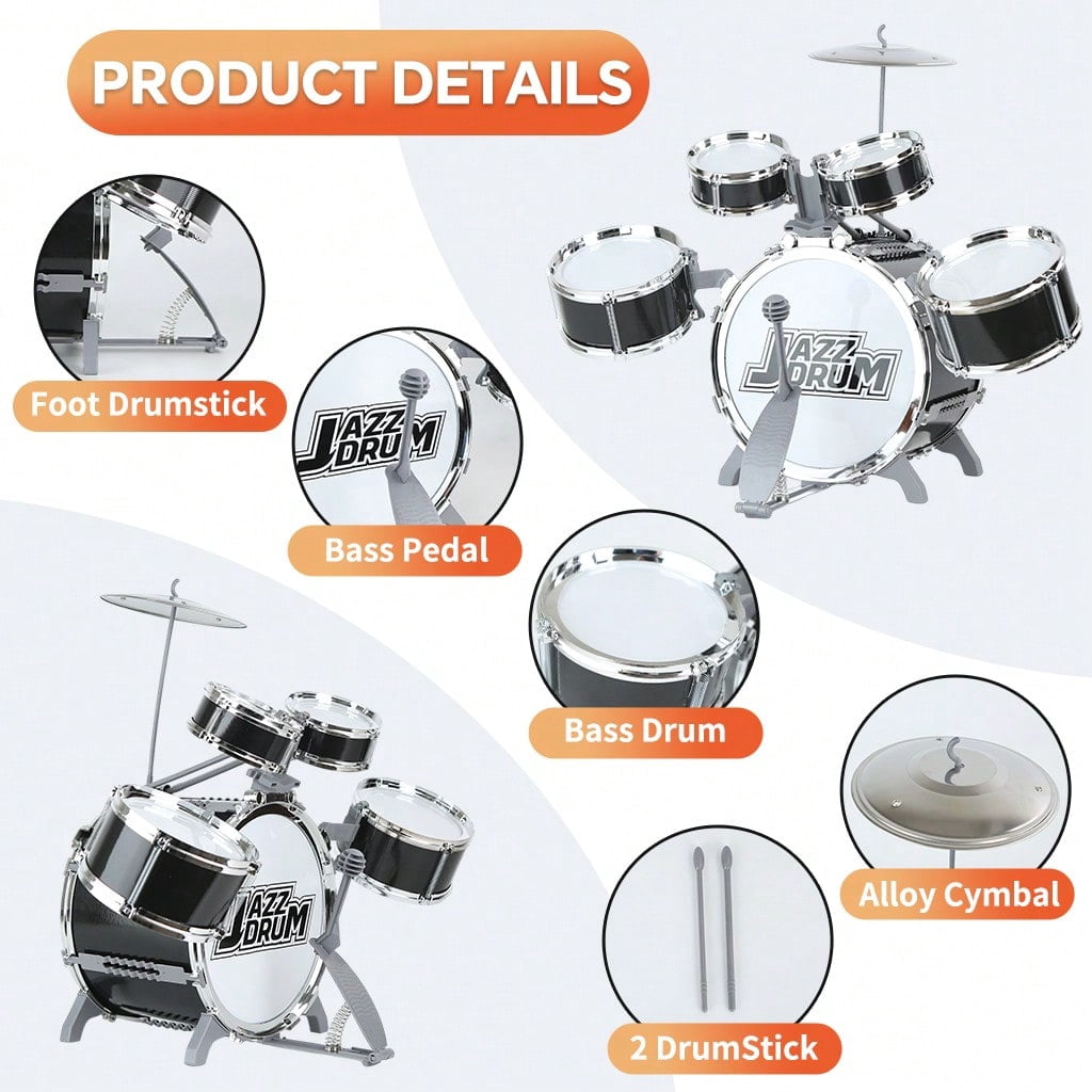 Felizhus kids drum set 10-piece with stool - beginner jazz drum kit for boys and girls ages 3-8, musical toy gift