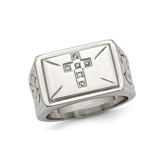 Gem & Harmony Mens Stainless Steel 1/20 Carat (Ctw) Diamond Cross Textured Rings for Men