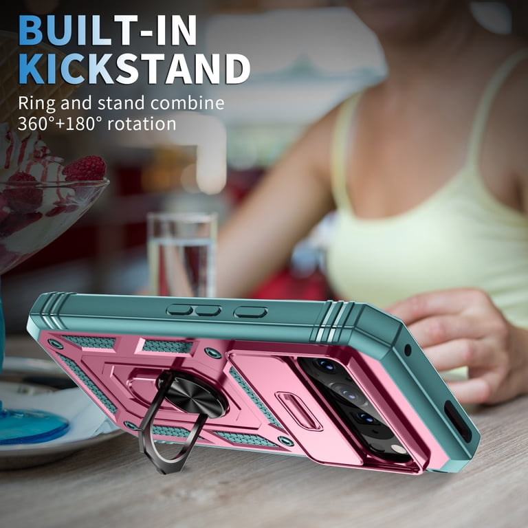 Compatible With Google Pixel 9A Case 360° Metal Rotated Ring Holder Magnetic Kickstand[Camera Protection] Military - Grade Heavy Duty For Google Pixel 9A Shockproof Phone Case, Red Pink