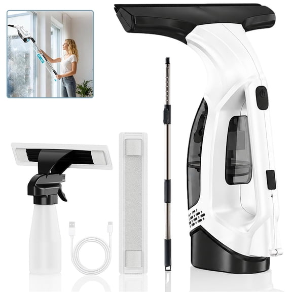 Window Vacuum Squeegee Cordless, 2000Pa Electric Cleaner with 2200mAh & 150ml Tank & Telescopic Pole, Shower Squeegee Kit for Glass Doors, Windows (White)