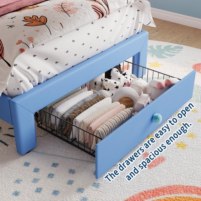 Kojooin Twin Size Princess Bed Frame with Storage Drawers and LED Lights, Upholstered Bed with Crystal Button Headboard