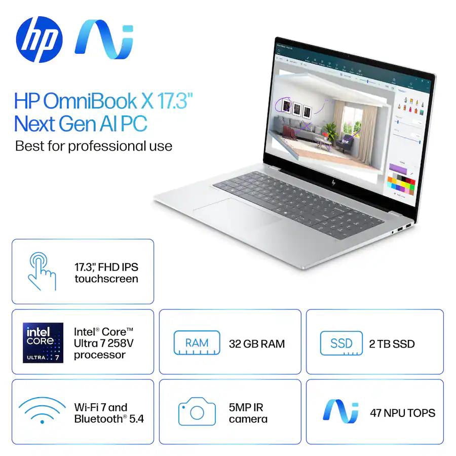 HP - OmniBook X - Copilot+ PC - 17.3" Full HD Touch-Screen Laptop - Intel Core Ultra 7 258V 2024 - 32GB Memory - 2TB SSD - Glacier Silver