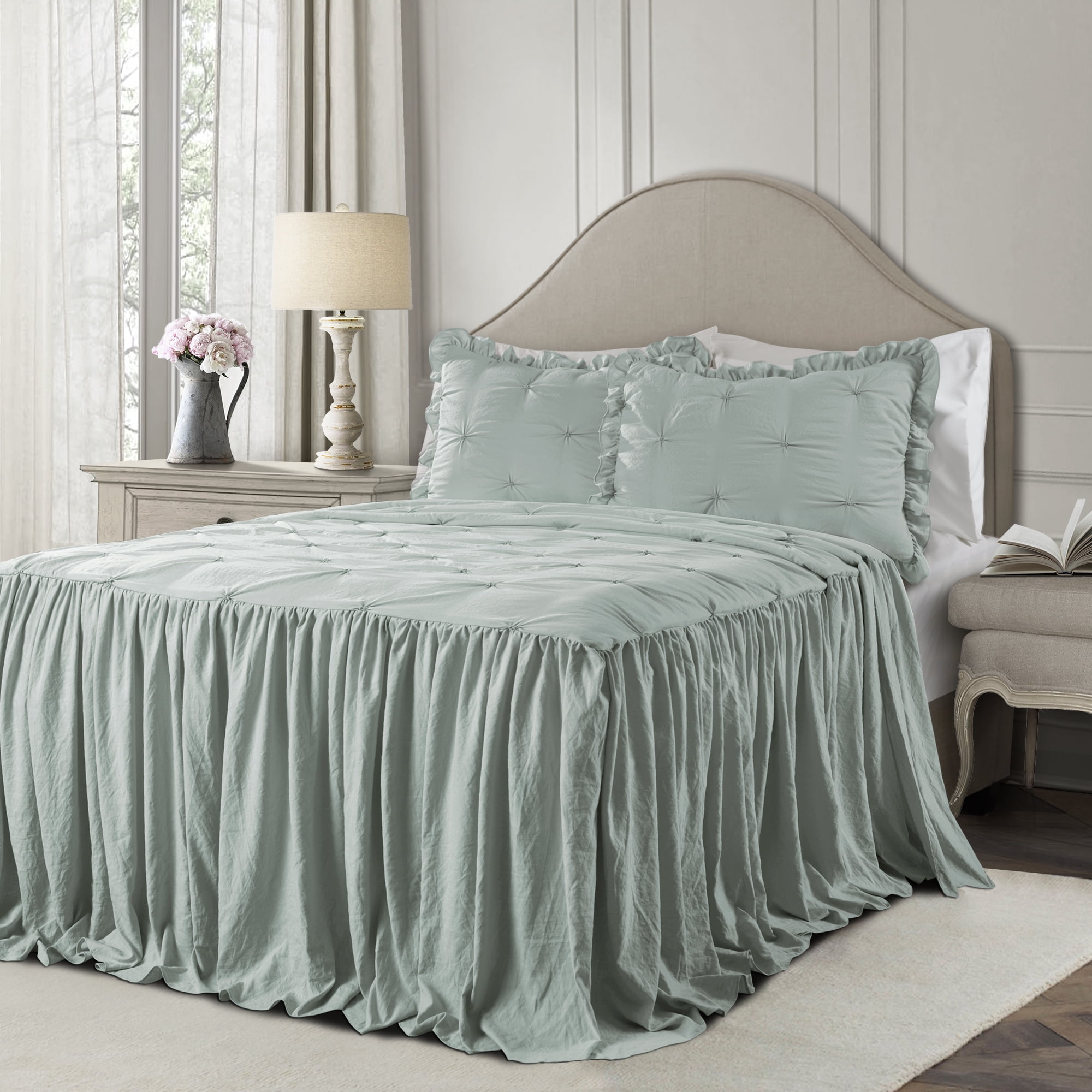 Lush Decor Ravello Pintuck Polyester Bedspread, Queen, Blue, 3-Pc Set