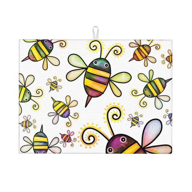 YFYANG Absorbent and Non-Slip Dish Drying Mat for Kitchen, Cartoon Bee Doodle Microfiber Large Drying Pad, 18 x 24 in