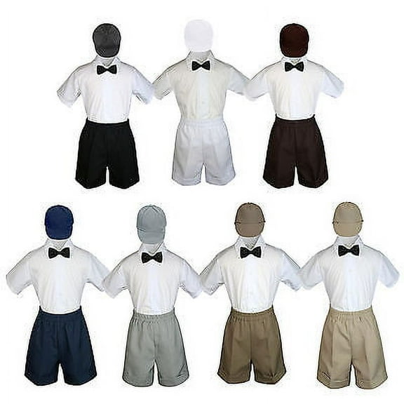 4pc Set Boy Toddler Formal Black Bow Tie White Gray Navy Khaki Shorts Hat S-4T