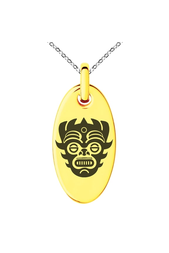 Stainless Steel Aztec Warrior Mask Rune Engraved Small Oval Charm Pendant Necklace