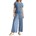 thumbnail image 2 of Womens 2 Piece Smocked Top Wide-Leg Pants Set High-Waisted Lounge Outfit with Pockets Matching Set Blue M, 2 of 10