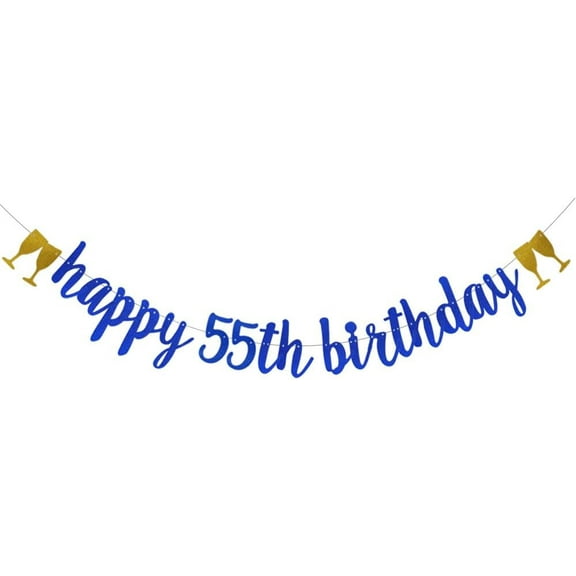 Happy 55th Birthday Banner, Pre-Strung,Blue Glitter Paper Garlands Banner for 55th Birthday Party Decorations Supplies, Letters Blue,