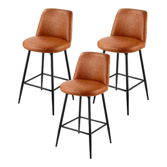 Bar Stool Set of 3, 27 inch Counter Height Swivel Stools, PU Leather Barstools with Backrest, Metal Legs, Armless Kitchen Island Chairs, Dining Room, Brown