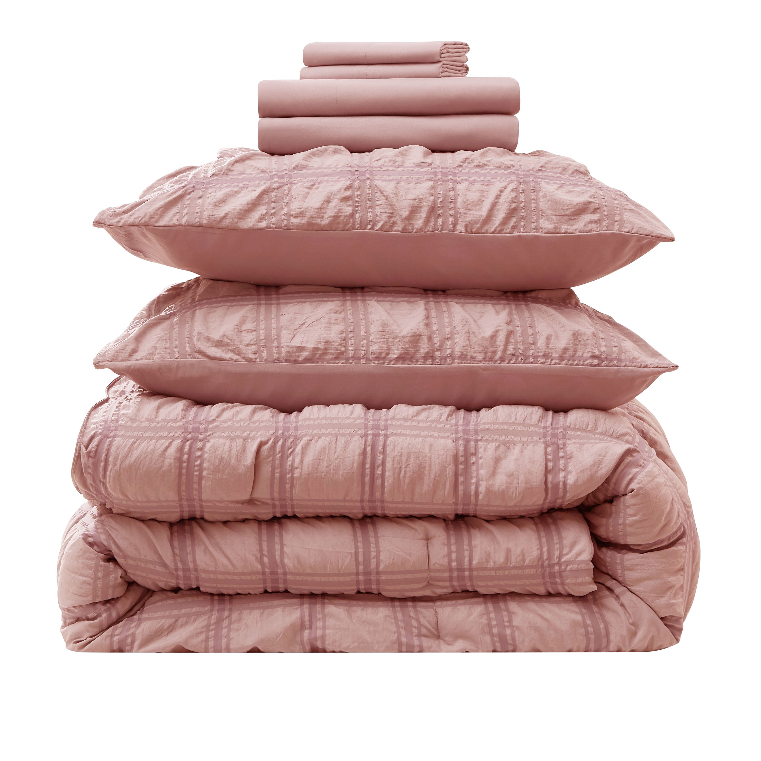 LammaLoe King Size Comforter Sets, 7 Piece Seersucker Bed in a Bag, Bedding Comforter Set with Sheets, Modern Bed Set, Bali Blush