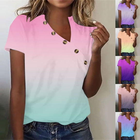 SROBPTY Womens T-Shirts Print V Neck Short Sleeve Button Loose Breathable Summer Tops for Casual Wear