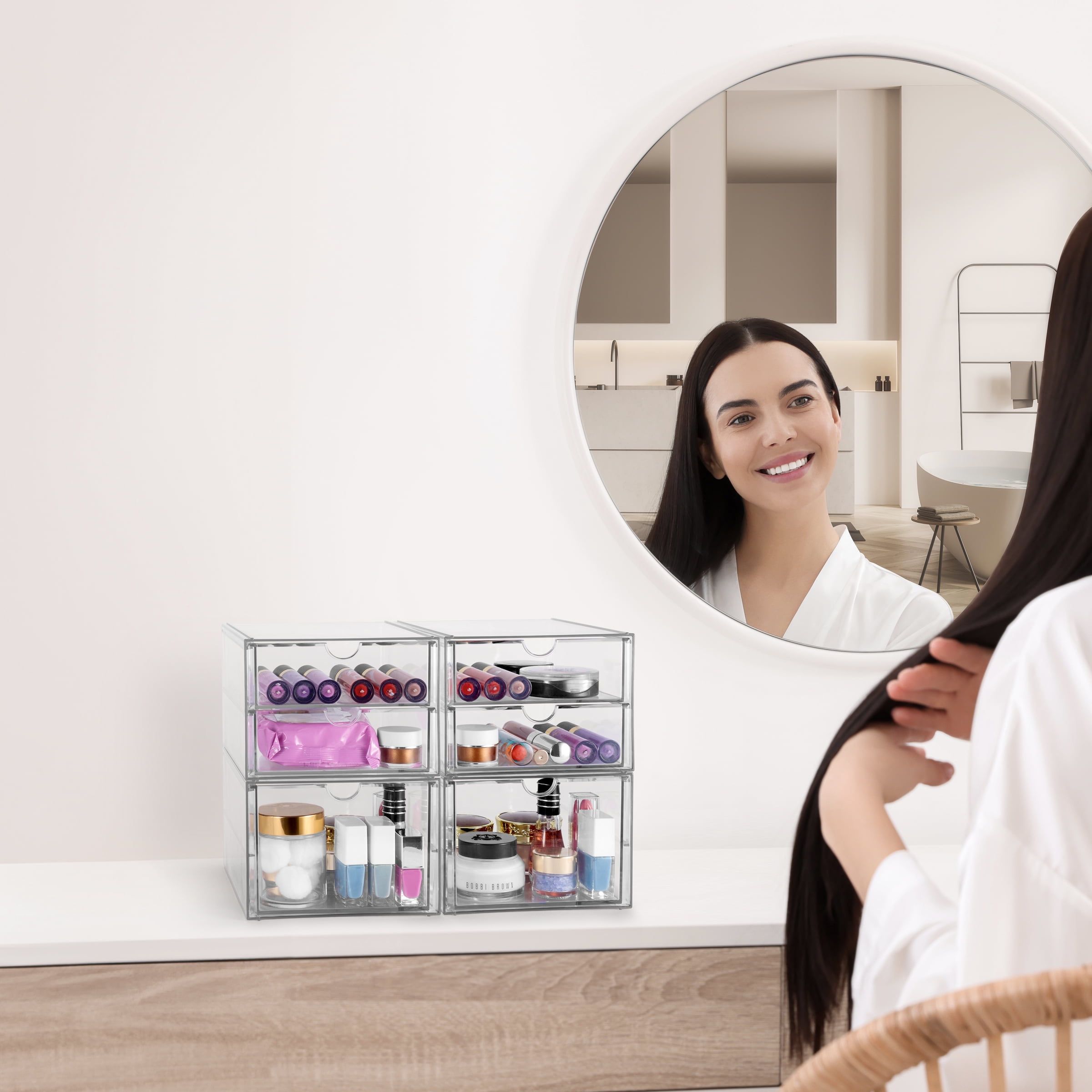 Sorbus 2-Piece Clear Acrylic Makeup Organizer with 3 Drawers (2 Pack), Stackable Storage Bins
