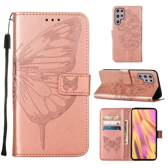For Samsung Galaxy S22 Ultra 5G Embossed Butterfly Leather Phone Case with Holder & Card Slot & &