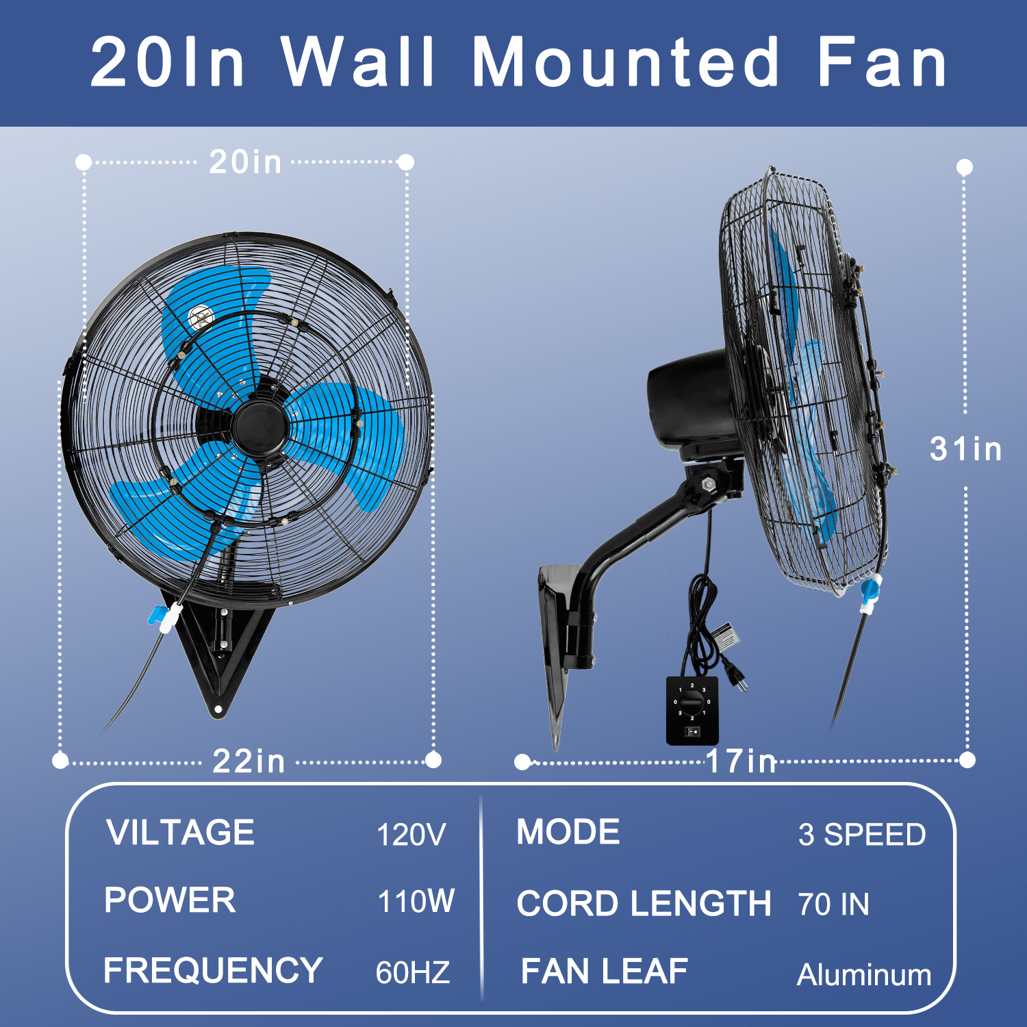 20in Wall Mount Fan with Misting, 3-Speed Industrial Wall Fan up to 7000CFM, 120°Oscillating High Airflow Cooling Fan for Garage,Home,Warehouse, Indoor/Outdoor Use, Blue