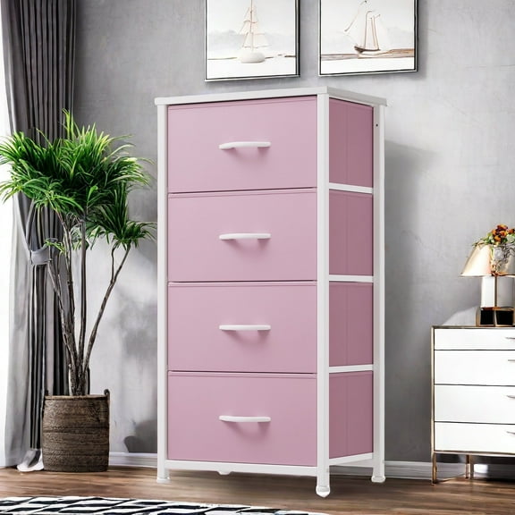 DEXTRUS 4-Drawer Fabric Storage Dresser with Sturdy Steel Frame Organizer for Living Room, Bedroom, Hallway for Adult, Pink