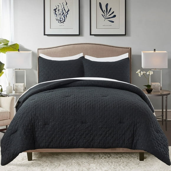 JML 3 Pieces Black King Comforter Set, Soft Microfiber Bedding Set With 1 Comforter and 2 Pillow Cases Suit for All Seasons