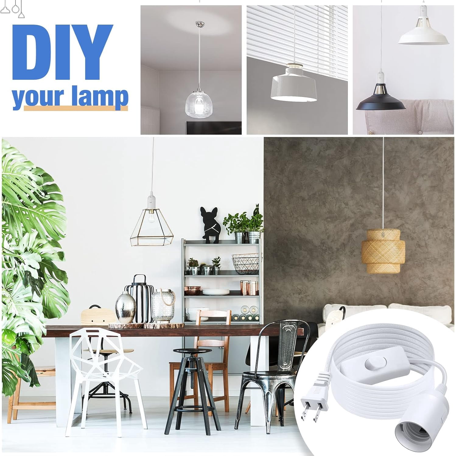 Extension Cord Kit with Pendant Lamp Socket, Bulb Base, Switch and Hooks for Hanging Lights in Kitchen, Bedroom, or Plant Growth, 12 Feet, White, 12-Piece Set