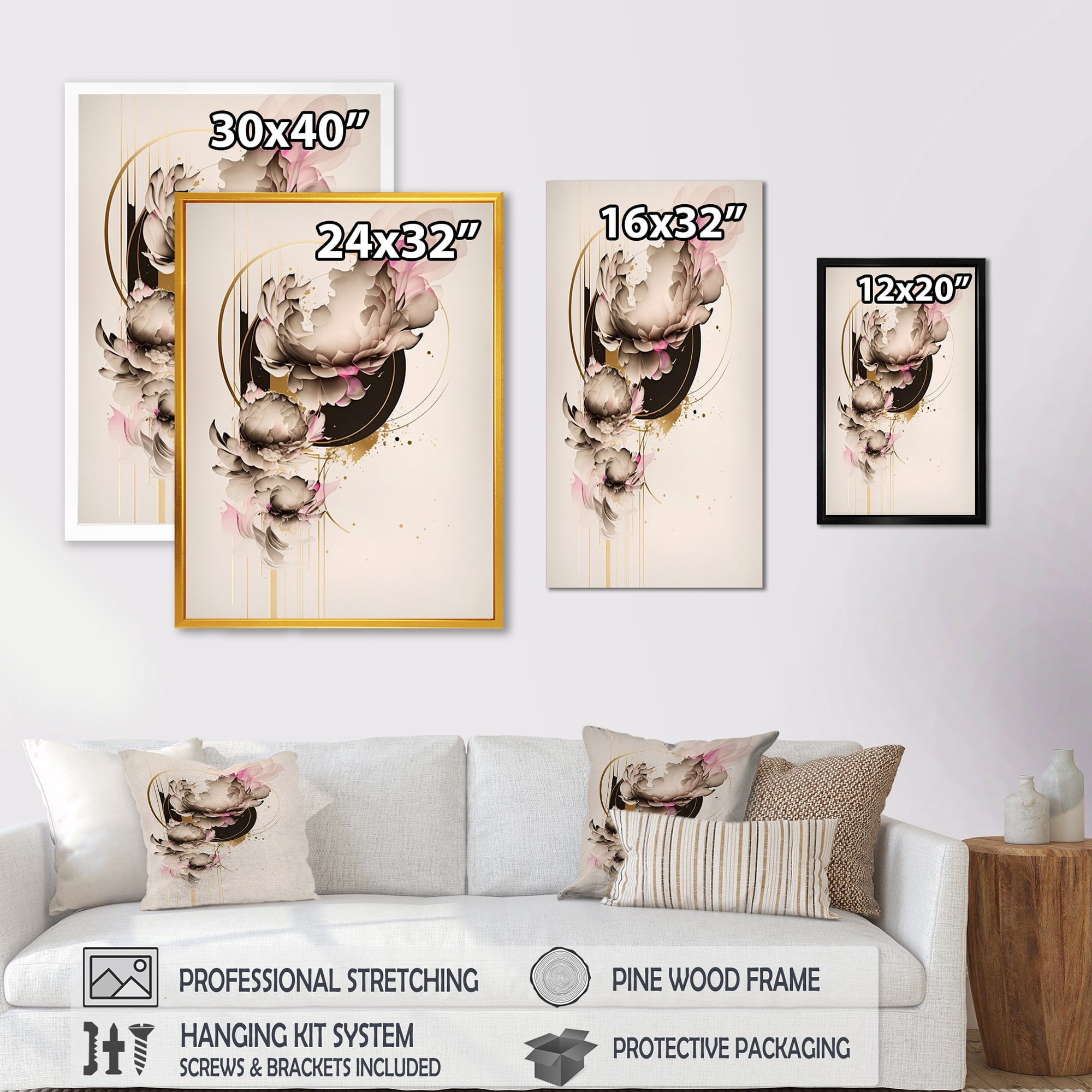 Designart Beige And Pink Peony Flowers Hyperrealistic III Canvas Wall Art