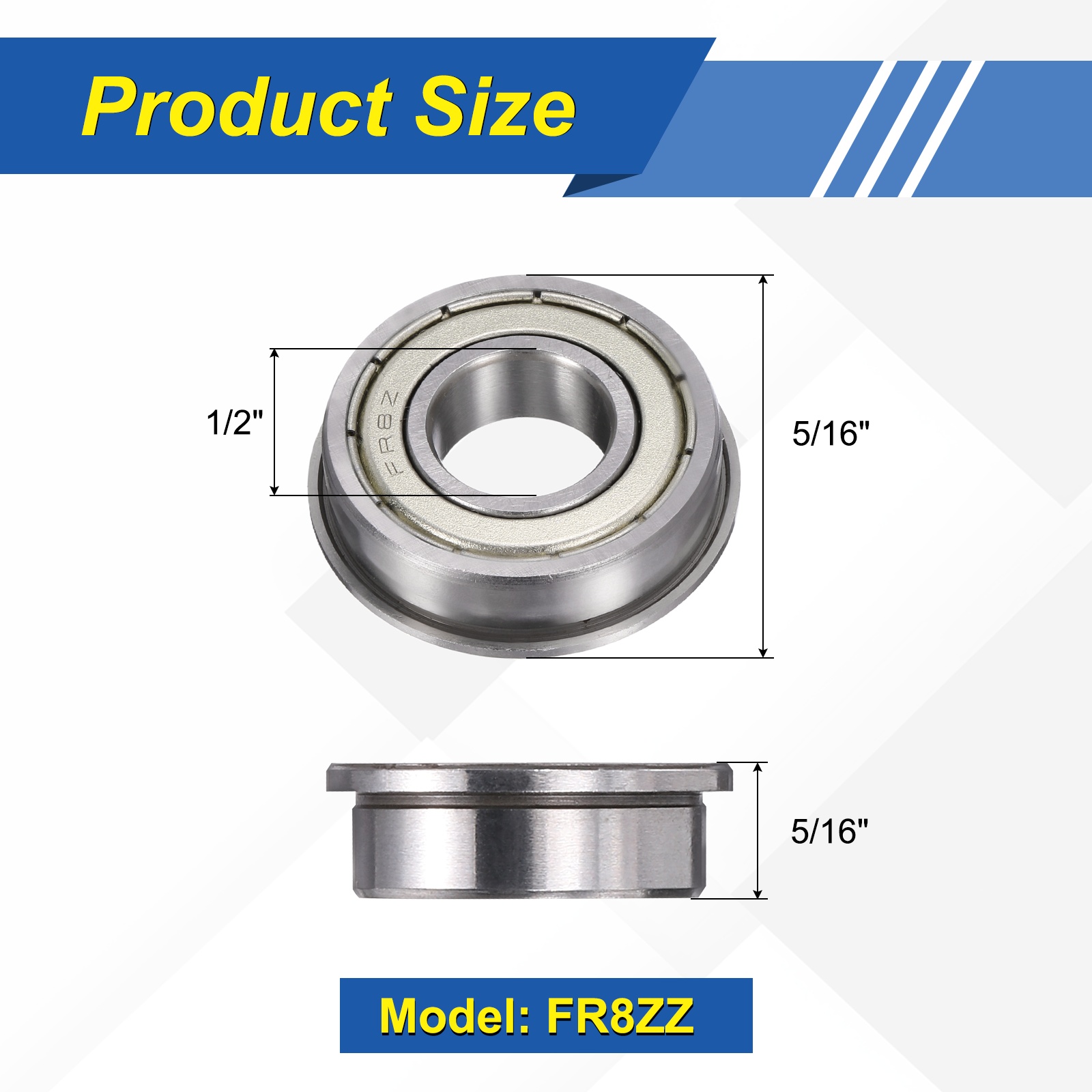 10 Pack FR8ZZ Flanged Ball Bearings, 1/2" x 1-1/8" x 5/16" Double Shielded Chrome Steel Deep Groove Bearing, ABEC5