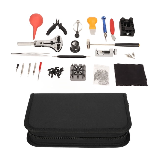Kit de reparación de relojes, herramienta profesional completa de repuesto de pilas para reloj de metal con bolsa de almacenamiento