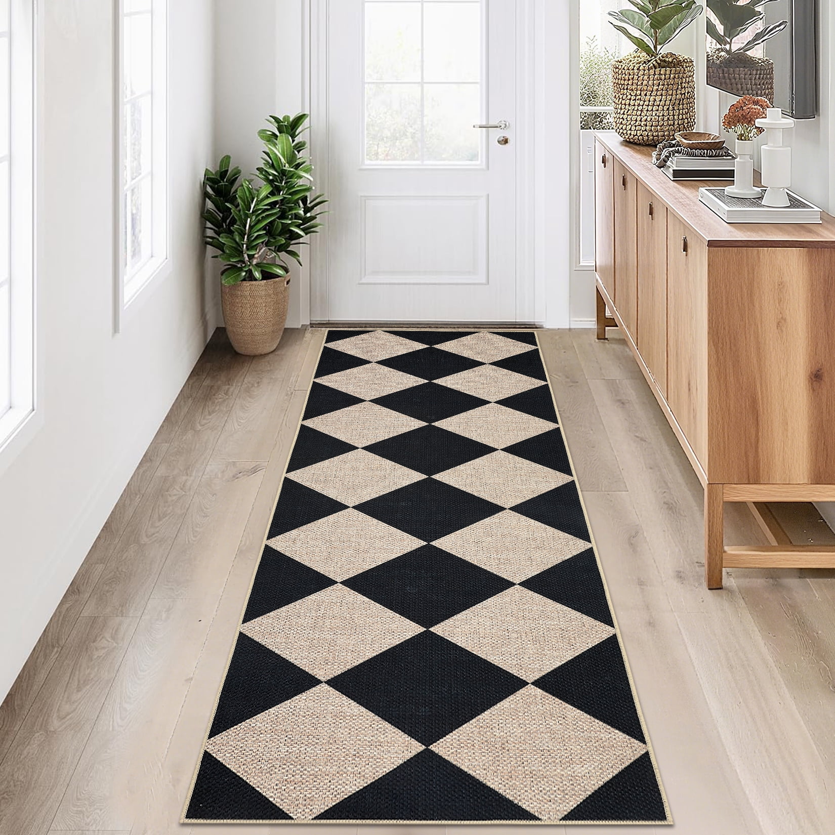 Yesurprise 2'x8' Modern Checkered Runner Area Rugs - Washable Geometric Carpet, Contemporary Indoor/Outdoor Accent Area Rugs with Non-Slip Low Pile - Black and White