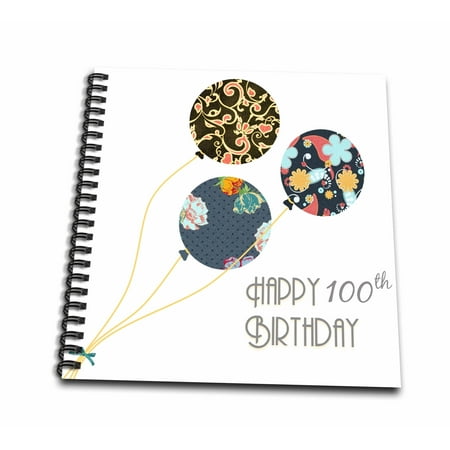 3dRose Happy 100th Birthday - Modern stylish floral Balloons. Elegant black brown blue 100 year old Bday - Memory Book, 12 by