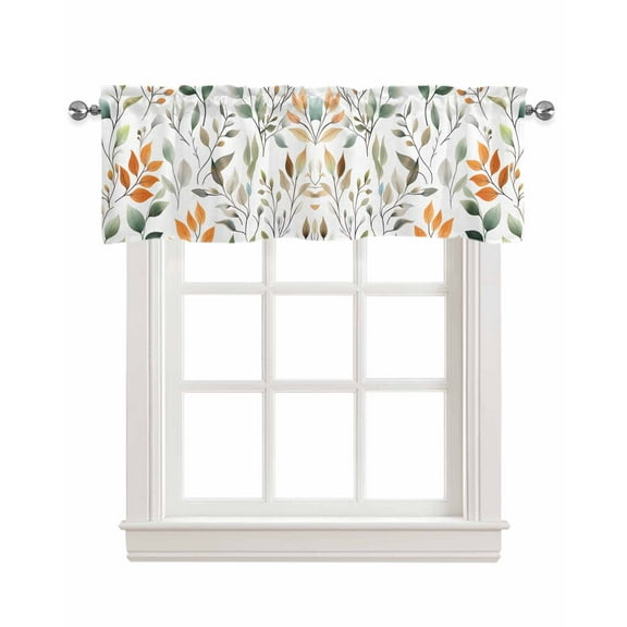 Green Orange Eucalyptus Kitchen Valances for Windows Farmhouse Linen Window Valance Curtain for Living Room Window Treatment Summer Watercolor Botanical Leaf Valance Rod Pocket Topper, 42 x 12 Inch