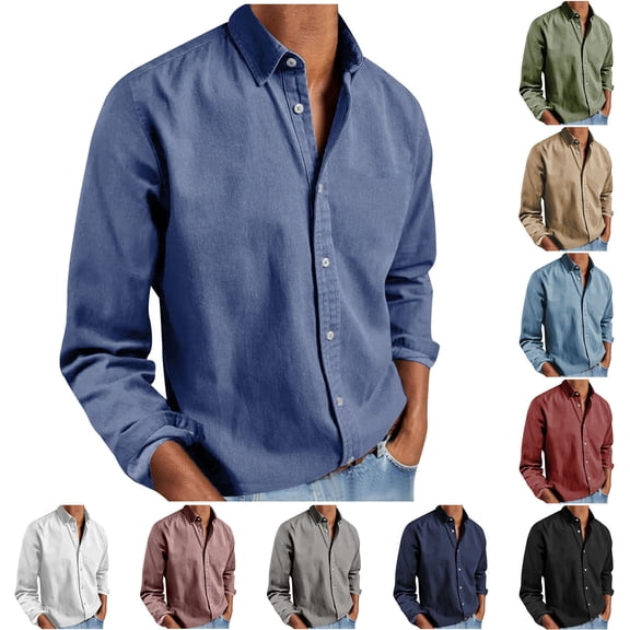 HomeDM Button Down Shirts for Men Solid Color Casual Long Sleeve Business Work Dress Shirt, Navy