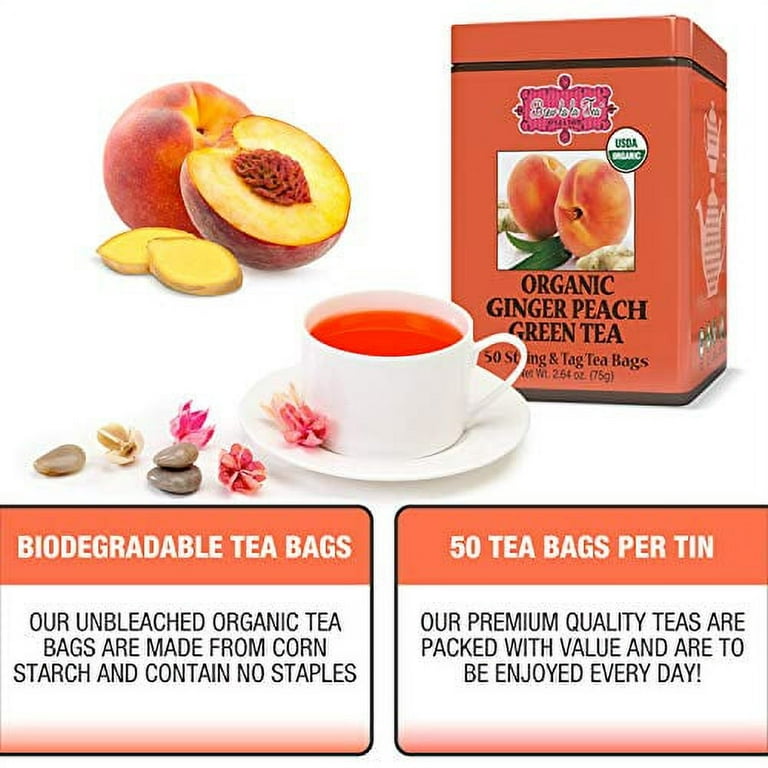1 Pack) Brew La La Organic Green Tea - Natural Ginger Peach Flavor - 50 Tea  Bag Tin - Low Caffeine Gourmet Tea 