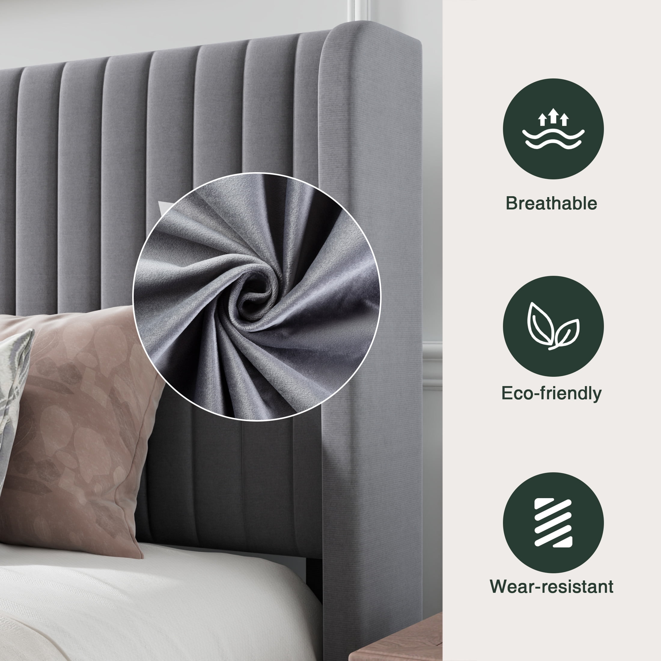 Amolife Queen Size Velvet Upholstered Bed with Wingback Headboard, Light Grey  (图3)