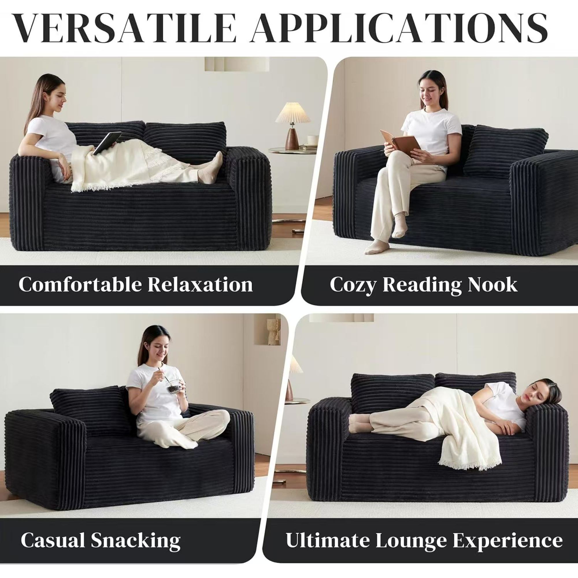 HOQBN 63 Inch Loveseat Sofa,Upholstered Compressed Couch with High-Density Foam Cushion,Corduroy No Frame 2-Seat Loveseat,Comfortable Floor Sofa for Bedroom,Office,Living Room,Small Spaces,Black