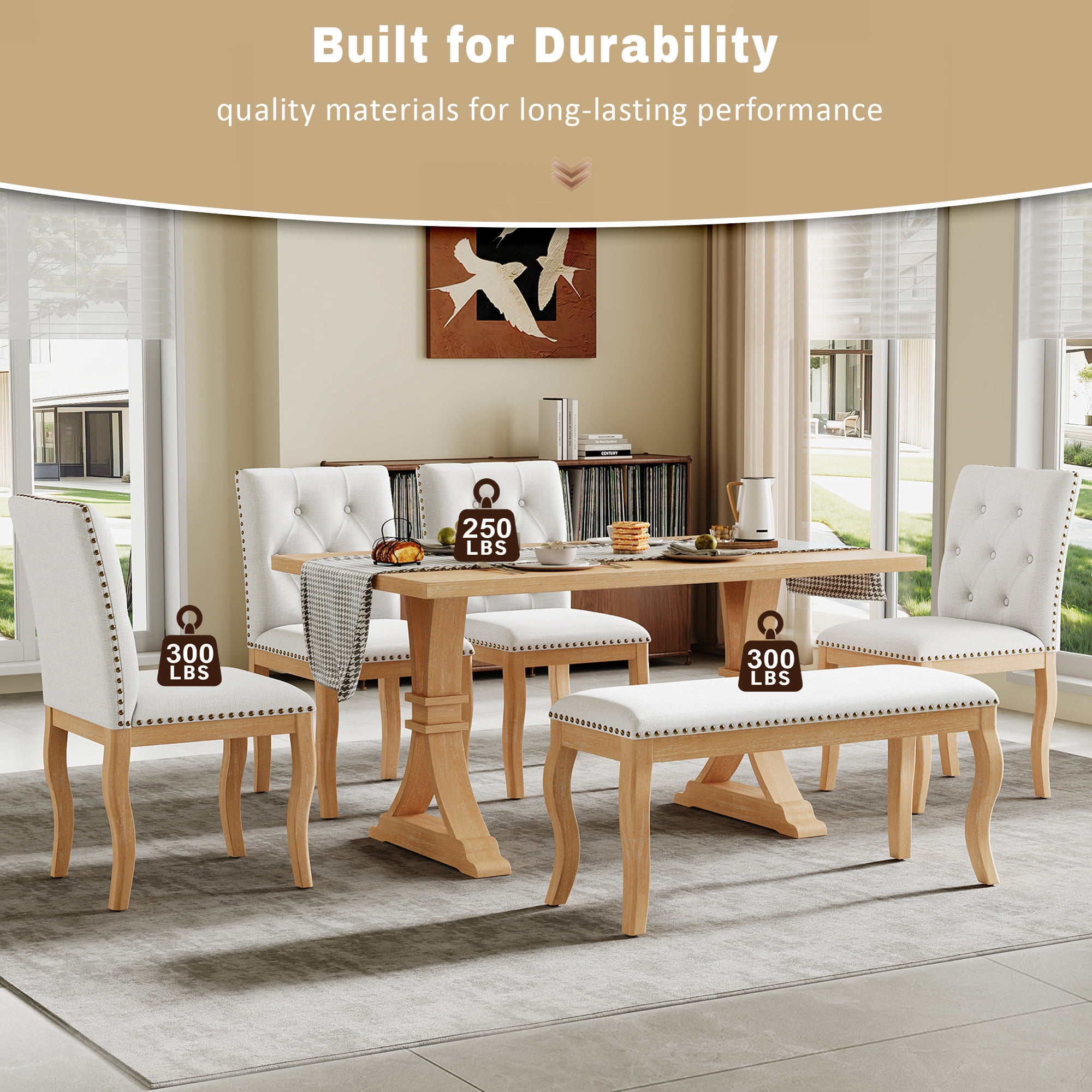 Euroco 6 Pieces Dining Table Set for 6, Solid Wood Kitchen Table Set with 4 Upholstered Chairs and Bench, Rectangular Dining Furniture Set,Natural