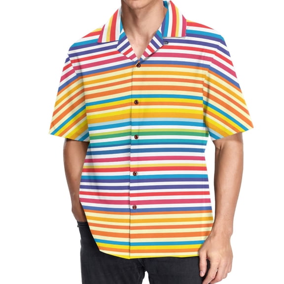 joogoo Men's Hawaiian Shirt Rainbow Stripes Short Sleeve Casual Button Down Shirts M