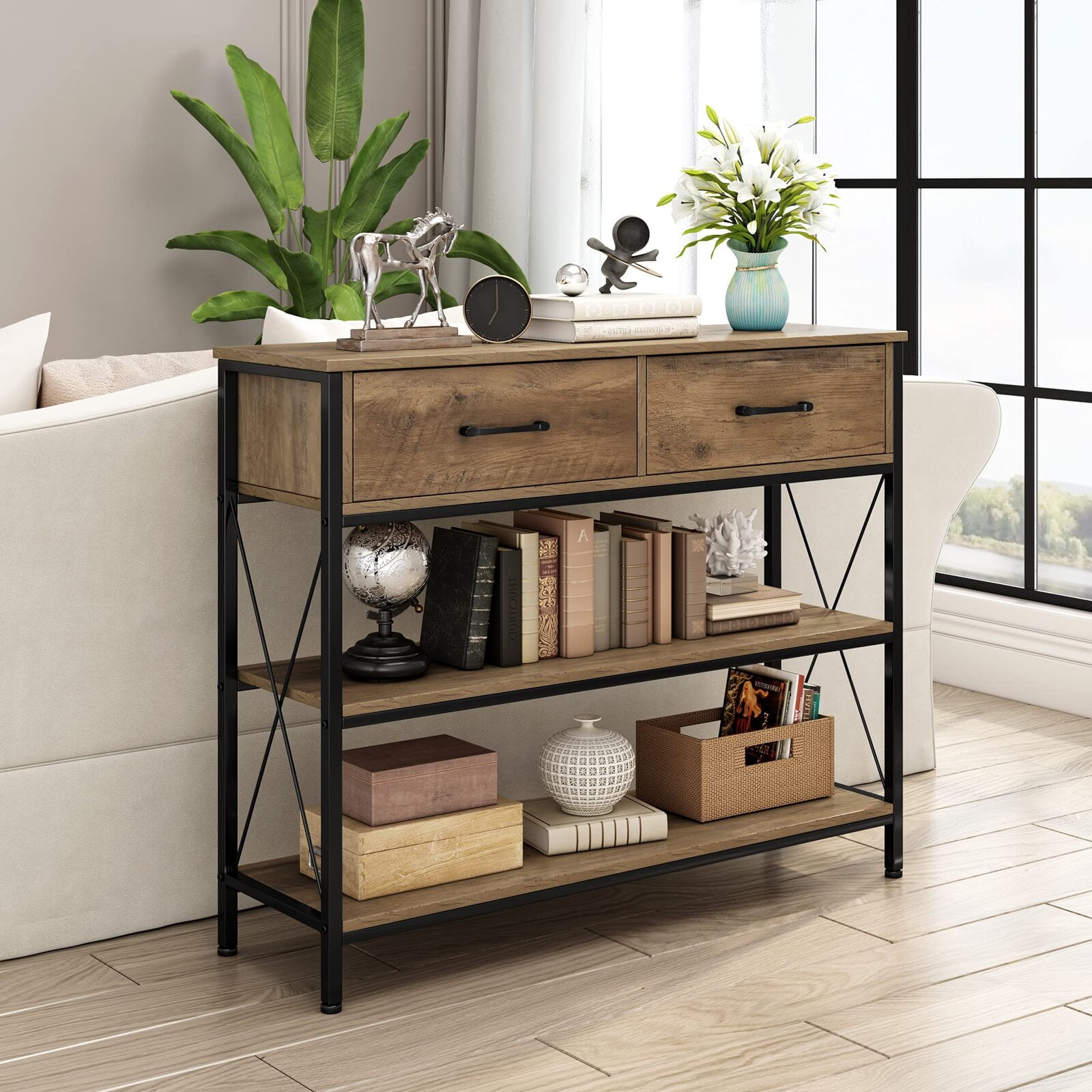 Homfa Console Table with Drawers, 11.8'' Narrow Entryway Table with Storage Shelves, Sofa Table for Living Room, Rustic Brown