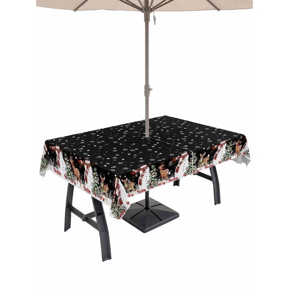 Outdoor Tablecloth with Umbrella Hole and Zipper, Black Christmas Rectangle Table Cloth 60x120 Inch Waterproof Tablecloth, Cute Snowman Elk Xmas Tree Winter Snowflakes Picnic Table Cover for Patio