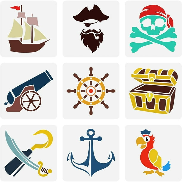 Set de 9 plantillas con temática pirata de 15 x 15 cm (5,9 x 5,9 pulgadas): plantillas de piratas, machetes, esqueletos, volante de plástico, loros, cofre del tesoro y anclas reutilizables.