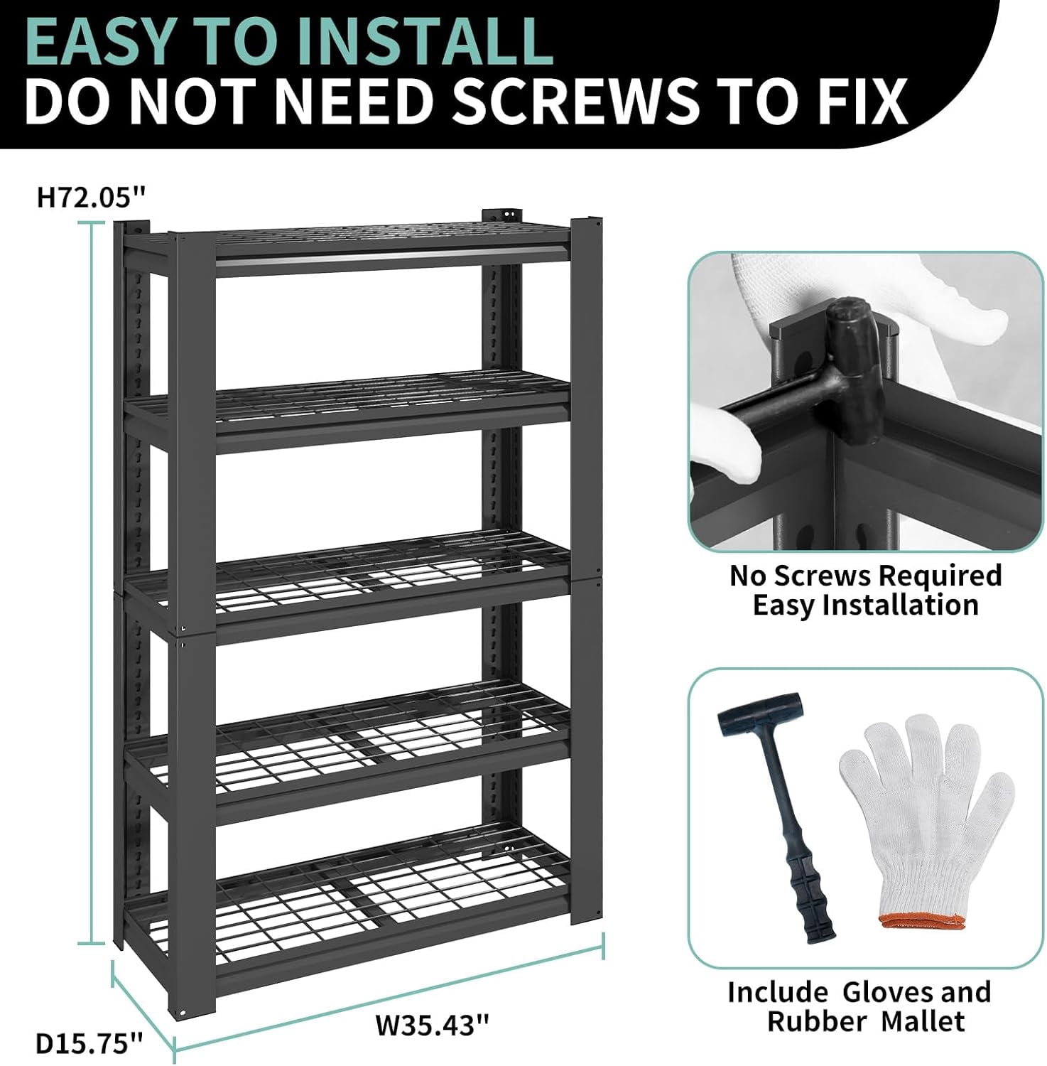 72"H|36"W Garage Shelving Heavy Duty, Metal Garage Shelves, Adjustable 5 Tiers Storage Shelves, Garage Industrial Shelving Utility Racks for Kitchen, Industrial, Warehouse, Basement, Garage, Gym