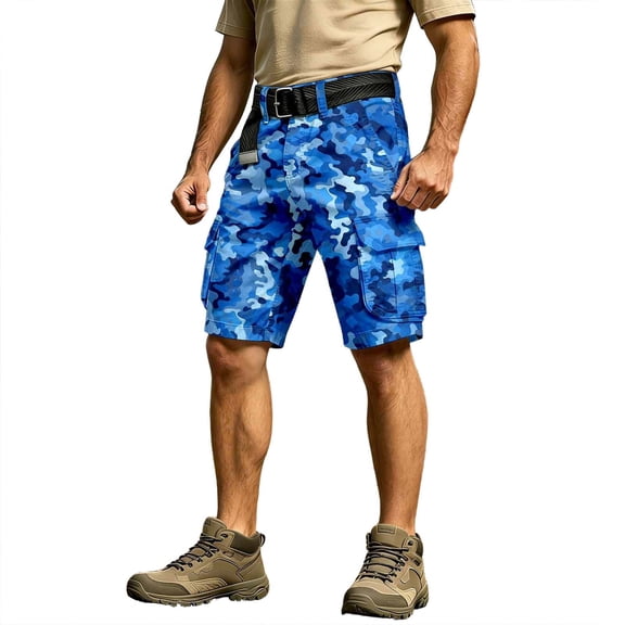 ZHOGXU Mens Summer Cargo Shorts With Pockets Camouflage Print High Waist Breathable Lightweight Shorts For Everyday Wear,Blue,Xxxl