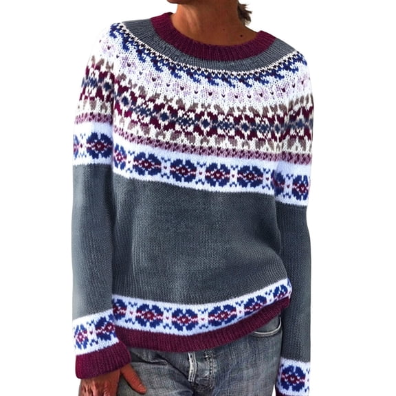 Women's Christmas Vintage Sweater Long Sleeve Crewneck Chunky Knit Print Pullover Loungewear Dark Gray XL