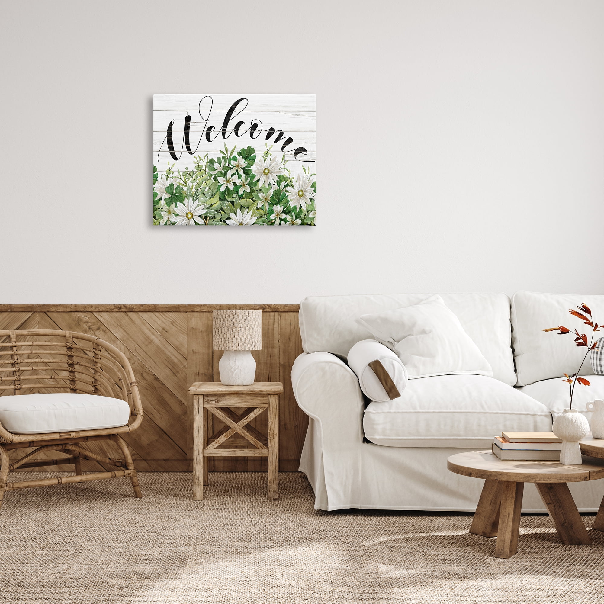Stupell Industries Welcome Rustic Planked Sign White Flower Blossoms Graphic Art Gallery Wrapped Canvas Print Wall Art, Design by Cindy Jacobs