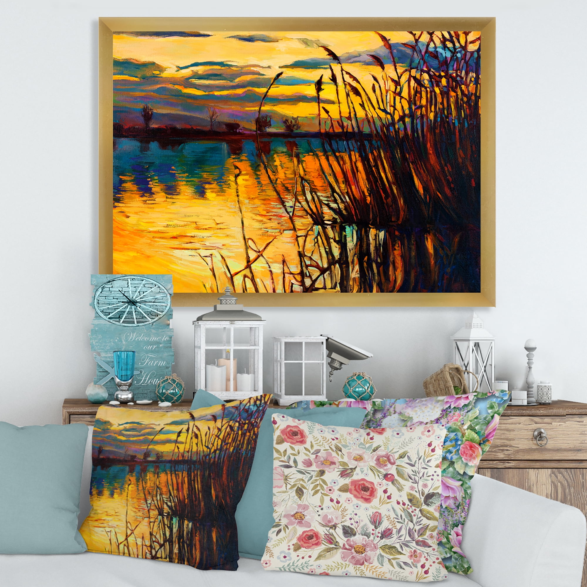 Designart 'Yellow Evening Glow Through The High Grass By The Lake' Nautical & Coastal Framed Art Print