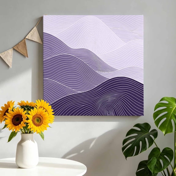 Purple Mountain Ridges Canvas Wall Art, Purple Ombre Fluid Lines Mountains Serene Abstract Pictures Wall Decor Wooden Framed Artwork Art Prints for Living Room Hallway Bedroom Office 8"x8"