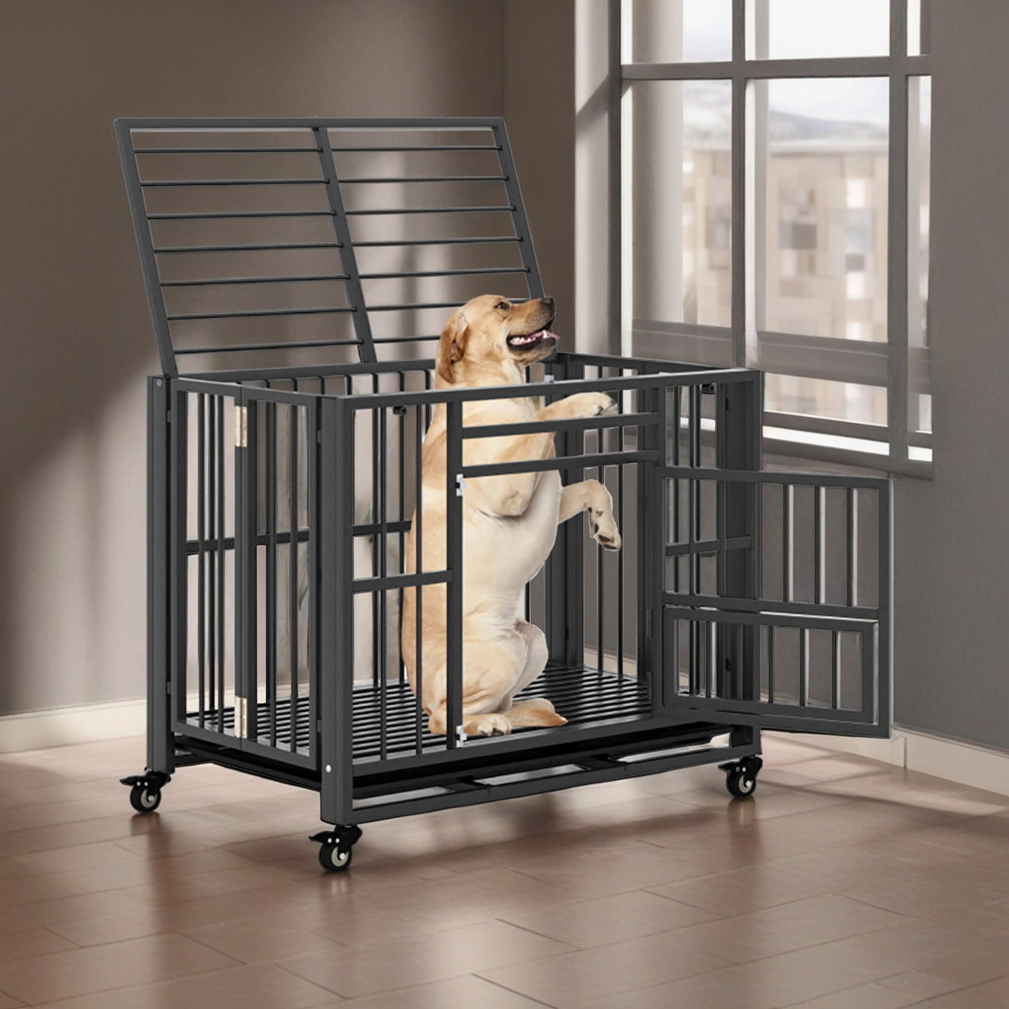 resenkos 37" Foldable Heavy Duty Dog Cages, Metal Escape Proof Kennel, Chew-proof Dog Crates for Medium Dogs with Tray, Black