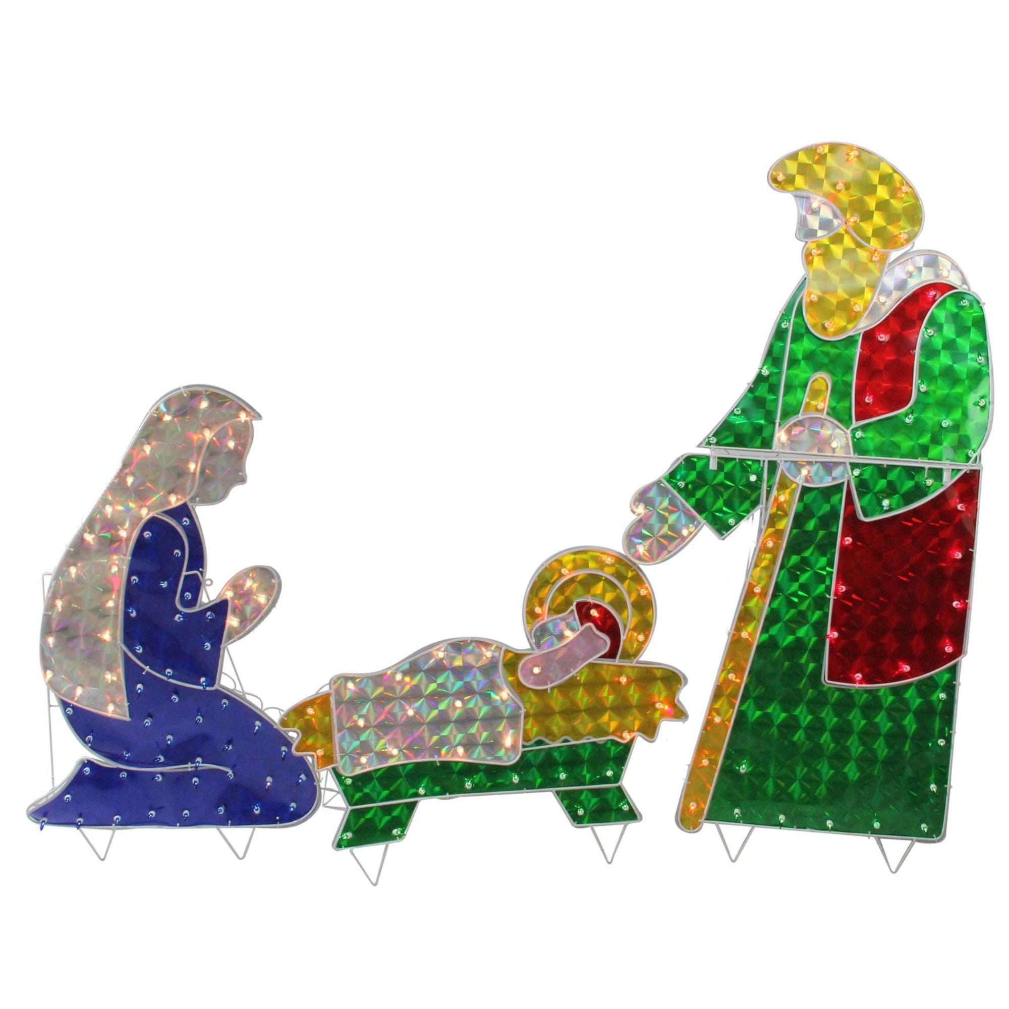 3pc Blue and Green PreLit Holographic Nativity Set Outdoor Christmas
