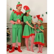Christmas Elf Costumes Parent-Child Holiday Green Elf Outfits Xmas Family Matching Clothes for Kids Girls Boys Women Men