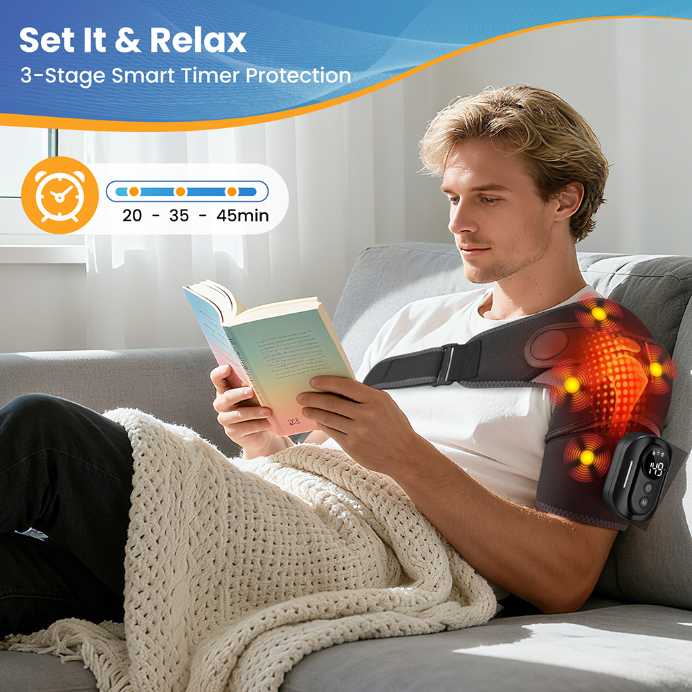 Cordless Heated Shoulder Massager, Shoulder Heating Pad, Shouder Heated Massage Brace with 5 Heating & Vibration, 3 Timing, 2 Extend Straps, Detachable Remote Control, 5000mAh Battery, Gray