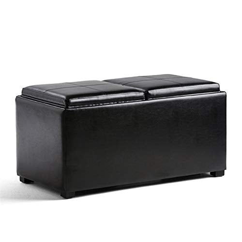 Atlin Designs 35" Wide Rectangle Contemporary Faux Leather 5 Piece Storage Upholstered Ottoman, Footrest Stool, Coffee Table with 2 Serving Trays, for The Living Room, Bedroom, in Black