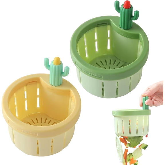  Cactus Sink Strainer Basket – Automatic Push-Press Kitchen Drain Filter, Self-Cleaning, Mess-Free, Whimsical Green & Yellow Design (Green Yellow)M