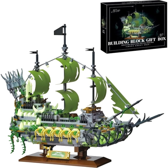 2024  PCS Ghost Ship Building Blocks Set with Glow in Dark Pieces, Pirate Ship Model Kit for Adults, Collectible Display for Home Office Decor Birthday Gift